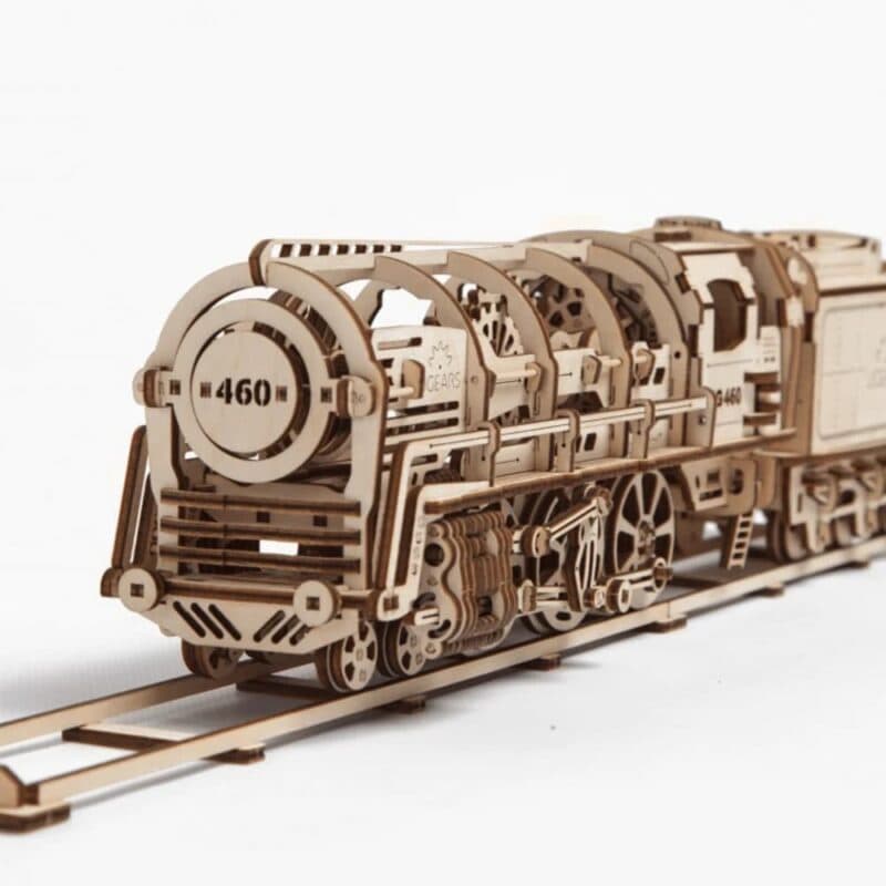 Ugears Dampflokomotive mit Tender + Gleise mit Bahnübergang